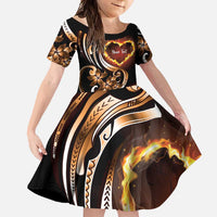 Personalised Polynesian Fiery Heart Family Matching Short Sleeve Bodycon Dress and Hawaiian Shirt Passionate Love LT01 Daughter's Dress Black - Polynesian Pride