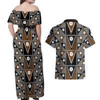 Fiji Brown Masi Pattern Couples Matching Off Shoulder Maxi Dress and Hawaiian Shirt Fijian Tapa LT01 - Polynesian Pride