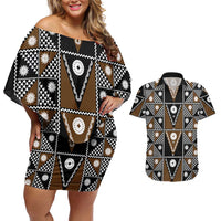 Fiji Brown Masi Pattern Couples Matching Off Shoulder Short Dress and Hawaiian Shirt Fijian Tapa LT01 Brown - Polynesian Pride