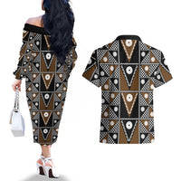 Fiji Brown Masi Pattern Couples Matching Off The Shoulder Long Sleeve Dress and Hawaiian Shirt Fijian Tapa LT01 - Polynesian Pride