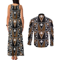 Fiji Brown Masi Pattern Couples Matching Tank Maxi Dress and Long Sleeve Button Shirt Fijian Tapa