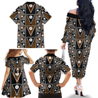 Fiji Brown Masi Pattern Family Matching Off The Shoulder Long Sleeve Dress and Hawaiian Shirt Fijian Tapa