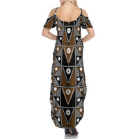 Fiji Brown Masi Pattern Family Matching Summer Maxi Dress and Hawaiian Shirt Fijian Tapa