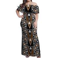 Fiji Brown Masi Pattern Off Shoulder Maxi Dress Fijian Tapa