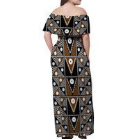 Fiji Brown Masi Pattern Off Shoulder Maxi Dress Fijian Tapa