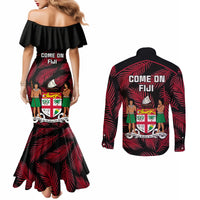 fiji-rugby-couples-matching-mermaid-dress-and-long-sleeve-button-shirts-flying-fijians-red-palm-tree-version