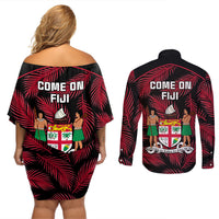 fiji-rugby-couples-matching-off-shoulder-short-dress-and-long-sleeve-button-shirts-flying-fijians-red-palm-tree-version