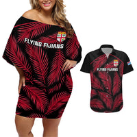 Custom Fiji Rugby Couples Matching Off Shoulder Short Dress and Hawaiian Shirt Flying Fijians Red Palm Tree Version LT01 Black - Polynesian Pride