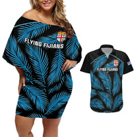 Custom Fiji Rugby Couples Matching Off Shoulder Short Dress and Hawaiian Shirt Flying Fijians Blue Palm Tree Version LT01 Black - Polynesian Pride
