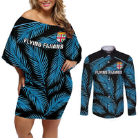 Custom Fiji Rugby Couples Matching Off Shoulder Short Dress and Long Sleeve Button Shirts Flying Fijians Blue Palm Tree Version LT01 Black - Polynesian Pride