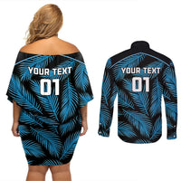 Custom Fiji Rugby Couples Matching Off Shoulder Short Dress and Long Sleeve Button Shirts Flying Fijians Blue Palm Tree Version LT01 - Polynesian Pride