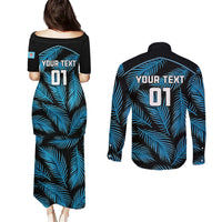 Custom Fiji Rugby Couples Matching Puletasi Dress and Long Sleeve Button Shirts Flying Fijians Blue Palm Tree Version LT01 - Polynesian Pride