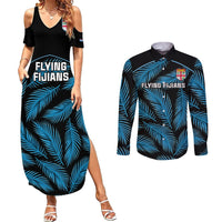 Custom Fiji Rugby Couples Matching Summer Maxi Dress and Long Sleeve Button Shirts Flying Fijians Blue Palm Tree Version LT01 Black - Polynesian Pride