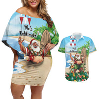 Hawaii Christmas Santa Claus Couples Matching Off Shoulder Short Dress and Hawaiian Shirt Mele Kalikimaka Tropical Beach