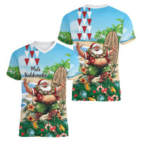 Hawaii Christmas Santa Claus Women V-Neck T-Shirt Mele Kalikimaka Tropical Beach