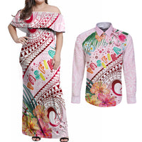 Pasifika Festival Couples Matching Off Shoulder Maxi Dress and Long Sleeve Button Shirt Tribal Pattern Tropical Style LT01 Pink - Polynesian Pride