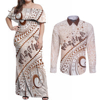 Pasifika Festival Couples Matching Off Shoulder Maxi Dress and Long Sleeve Button Shirt Vintage Tribal Pattern LT01 Brown - Polynesian Pride