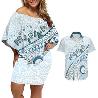 Pasifika Festival Couples Matching Off Shoulder Short Dress and Hawaiian Shirt Tribal Pattern Blue Version LT01 Blue - Polynesian Pride