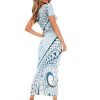 Pasifika Festival Short Sleeve Bodycon Dress Tribal Pattern Blue Version LT01 - Polynesian Pride