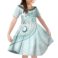 Pasifika Festival Family Matching Short Sleeve Bodycon Dress and Hawaiian Shirt Tribal Pattern Teal Version LT01 Daughter's Dress Teal - Polynesian Pride