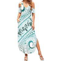 Pasifika Festival Family Matching Summer Maxi Dress and Hawaiian Shirt Tribal Pattern Teal Version LT01 Mom's Dress Teal - Polynesian Pride