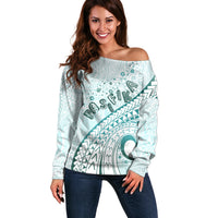 Pasifika Festival Off Shoulder Sweater Tribal Pattern Teal Version LT01