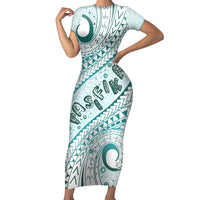 Pasifika Festival Short Sleeve Bodycon Dress Tribal Pattern Teal Version LT01 Long Dress Teal - Polynesian Pride