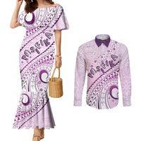Pasifika Festival Couples Matching Mermaid Dress and Long Sleeve Button Shirt Tribal Pattern Lilac Version LT01 Purple - Polynesian Pride