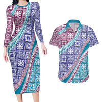 Hawaiian Quilt Pattern Couples Matching Long Sleeve Bodycon Dress and Hawaiian Shirt Purple Blue Color Mixed LT01 Purple - Polynesian Pride