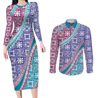 Hawaiian Quilt Pattern Couples Matching Long Sleeve Bodycon Dress and Long Sleeve Button Shirt Purple Blue Color Mixed - Polynesian Pride