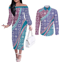 Hawaiian Quilt Pattern Couples Matching Off The Shoulder Long Sleeve Dress and Long Sleeve Button Shirt Purple Blue Color Mixed - Polynesian Pride