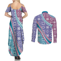 Hawaiian Quilt Pattern Couples Matching Summer Maxi Dress and Long Sleeve Button Shirt Purple Blue Color Mixed - Polynesian Pride