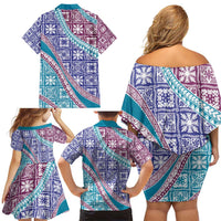 Hawaiian Quilt Pattern Family Matching Off Shoulder Short Dress and Hawaiian Shirt Purple Blue Color Mixed - Polynesian Pride