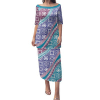 Hawaiian Quilt Pattern Family Matching Puletasi and Hawaiian Shirt Purple Blue Color Mixed - Polynesian Pride