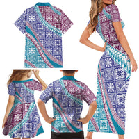 Hawaiian Quilt Pattern Family Matching Short Sleeve Bodycon Dress and Hawaiian Shirt Purple Blue Color Mixed - Polynesian Pride