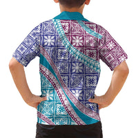 Hawaiian Quilt Pattern Family Matching Summer Maxi Dress and Hawaiian Shirt Purple Blue Color Mixed - Polynesian Pride