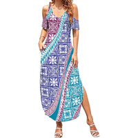 Hawaiian Quilt Pattern Family Matching Summer Maxi Dress and Hawaiian Shirt Purple Blue Color Mixed - Polynesian Pride