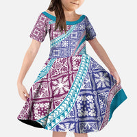 Hawaiian Quilt Pattern Kid Short Sleeve Dress Purple Blue Color Mixed - Polynesian Pride