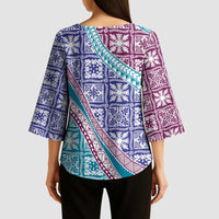 Hawaiian Quilt Pattern Kimono Sleeve Blouse Purple Blue Color Mixed - Polynesian Pride