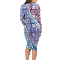 Hawaiian Quilt Pattern Long Sleeve Bodycon Dress Purple Blue Color Mixed - Polynesian Pride