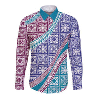 Hawaiian Quilt Pattern Long Sleeve Button Shirt Purple Blue Color Mixed - Polynesian Pride