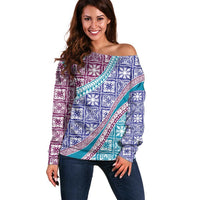 Hawaiian Quilt Pattern Off Shoulder Sweater Purple Blue Color Mixed - Polynesian Pride