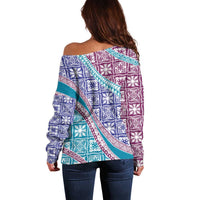 Hawaiian Quilt Pattern Off Shoulder Sweater Purple Blue Color Mixed - Polynesian Pride