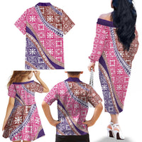 Hawaiian Quilt Pattern Family Matching Off The Shoulder Long Sleeve Dress and Hawaiian Shirt Sweet Color Mixed - Polynesian Pride