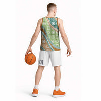 Hawaiian Quilt Pattern Basketball Jersey Green Chestnut Color Mixed - Polynesian Pride