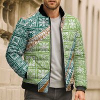Hawaiian Quilt Pattern Bomber Puffer Jacket Green Chestnut Color Mixed - Polynesian Pride