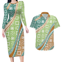 Hawaiian Quilt Pattern Couples Matching Long Sleeve Bodycon Dress and Hawaiian Shirt Green Chestnut Color Mixed - Polynesian Pride