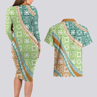 Hawaiian Quilt Pattern Couples Matching Long Sleeve Bodycon Dress and Hawaiian Shirt Green Chestnut Color Mixed - Polynesian Pride