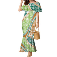 Hawaiian Quilt Pattern Family Matching Mermaid Dress and Hawaiian Shirt Green Chestnut Color Mixed - Polynesian Pride