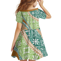 Hawaiian Quilt Pattern Family Matching Off The Shoulder Long Sleeve Dress and Hawaiian Shirt Green Chestnut Color Mixed - Polynesian Pride